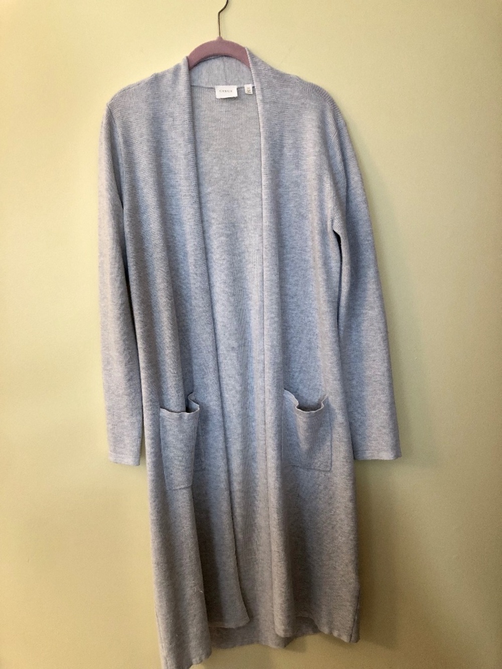Maxi Length 2 Pocket Cardigan Waffle Texture in Heather Grey